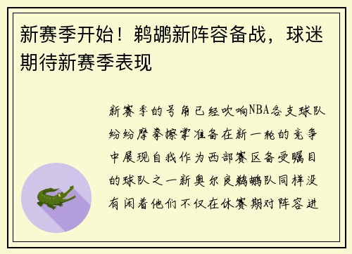 新赛季开始！鹈鹕新阵容备战，球迷期待新赛季表现